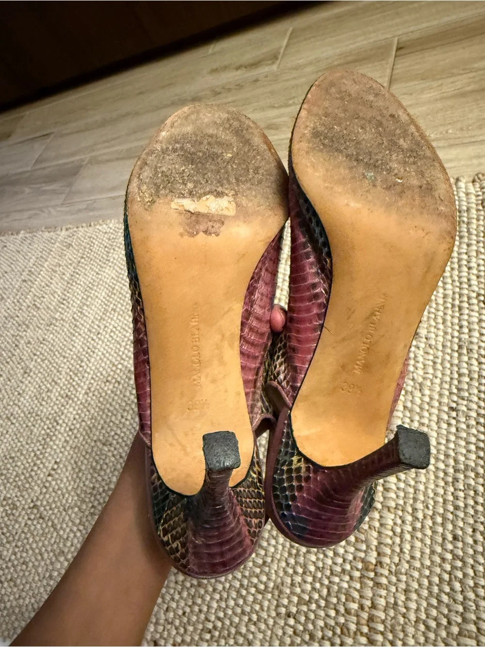 Vintage Manolo Blahnik Snakeskin Slingback Heels | Peep-Toe Pumps | Size 39.5